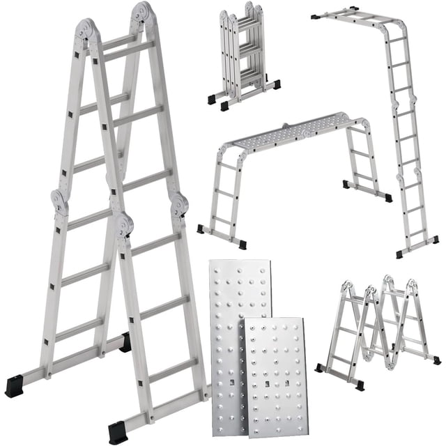 Escalera 12 Peldaños Andamio Multiposiciones Plegable 3.35m Color Plateado