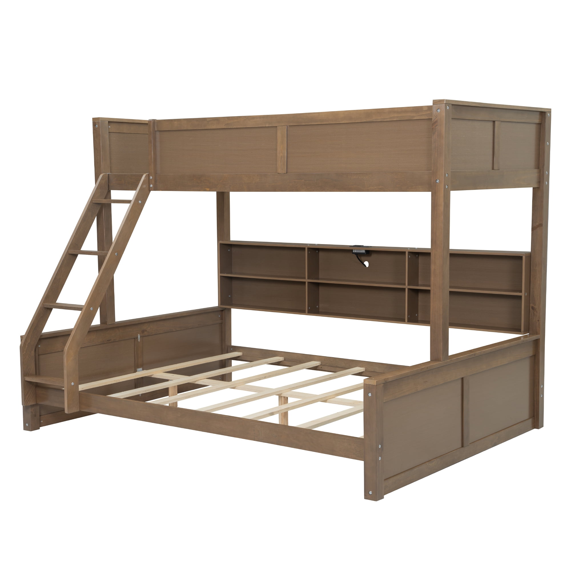 Twin XL over Queen Bunk Bed, Solid Pine Wood Bunk Bed with Built-in Storage Cabinets, Charging Station, Ladder,Safety Guardrails, No squeaking for Teens & Adults