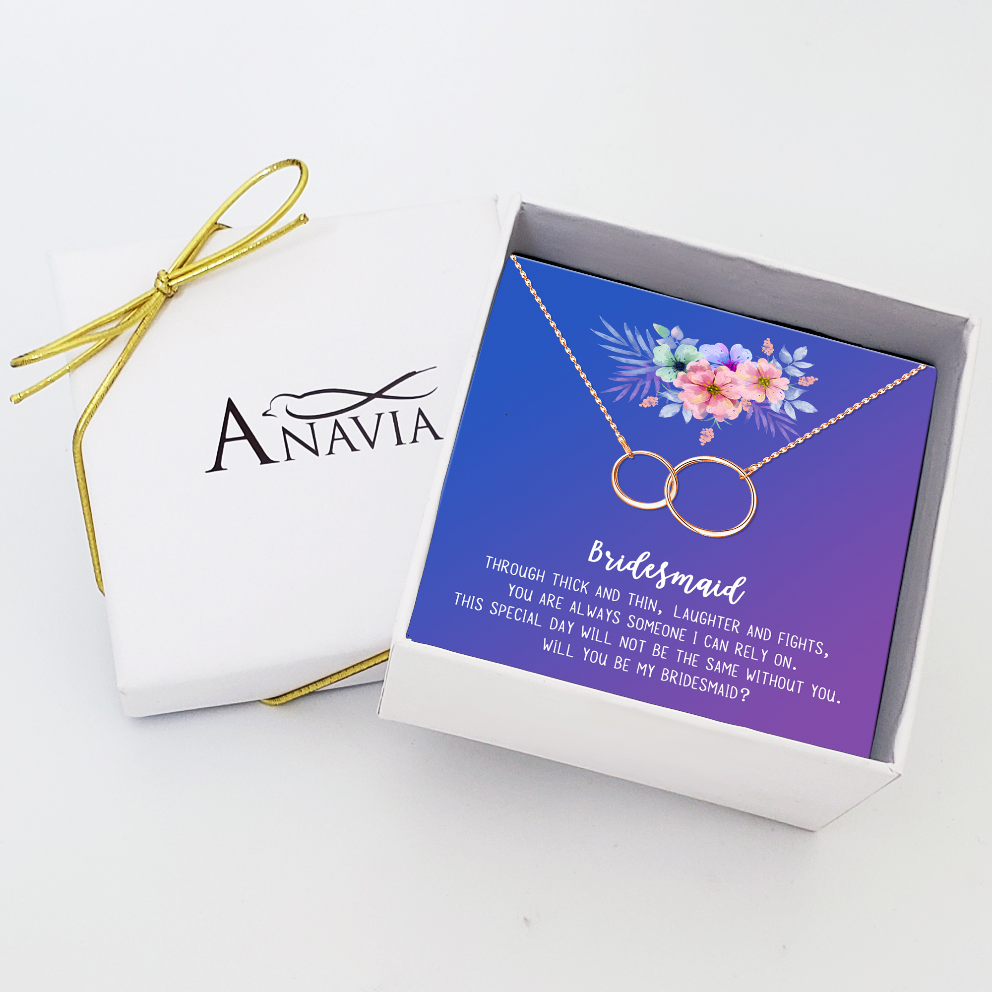 Anavia Bridesmaid Proposal Necklace, Will You Be My Bridesmaid, Bridal Party Gift Card Jewelry Necklace-[Rose Gold Infinity Double Ring, Blue-Purple Gift Card]