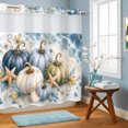 thumbnail image 5 of No Hook Shower Curtain, Coastal Pumpkins Fall Shower Curtains for Bathroom with See Through Top Window, Blue Starfish Beach Thanksgiving Waterproof & Washable Bath Curtain Long 72"x78", 5 of 6