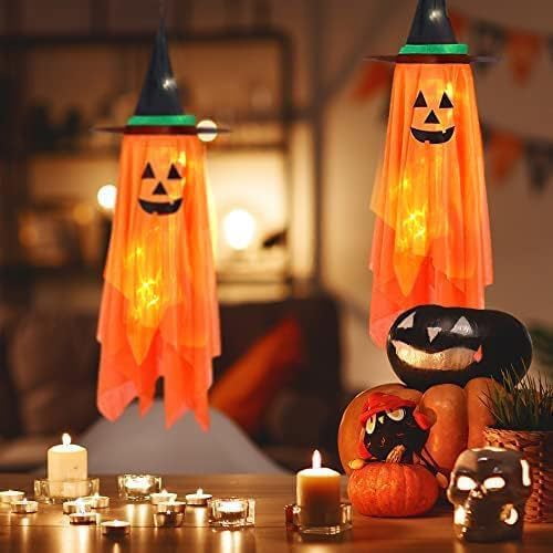 Halloween Hanging Decorations Outdoor Outside（With lights） - 2 Pack Halloween Hanging Pumpkin Decorations Decor Pumpkin Ghost Orange Cute Pumpkin Decorations Decor for Kids Outdoor Outside Garden Tree