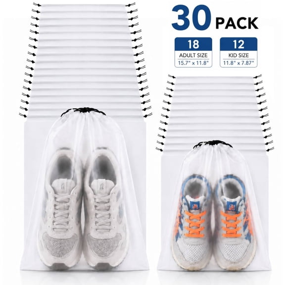 Shoe Bags for Travel, Clear Water-Resistant Drawstring Closure, 30 Pack with 18 Adult-Size and 12 Kid-Size Organizers, Travel Essentials