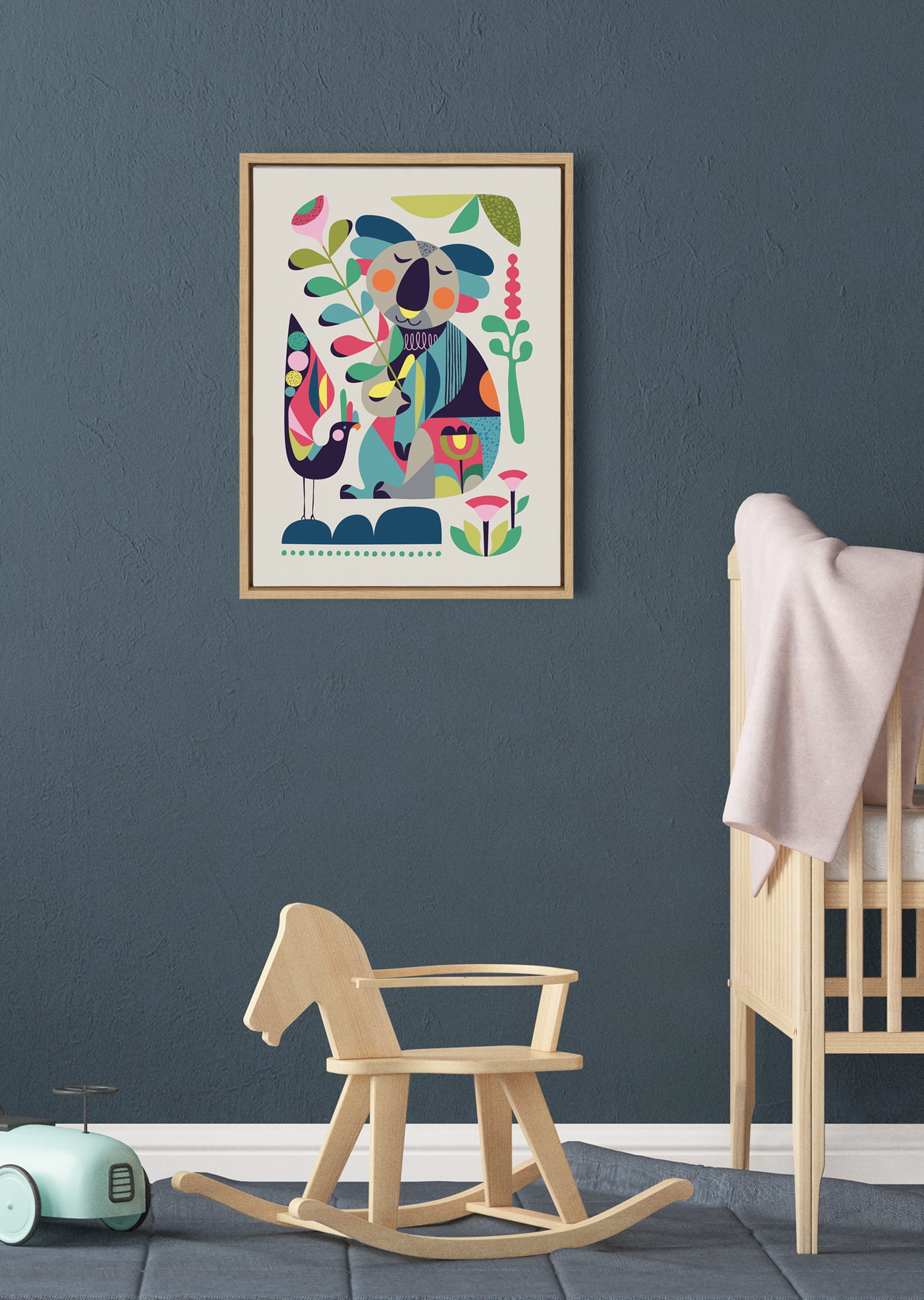 Kate and Laurel Sylvie Mid Century Modern Koala Framed Canvas Wall Art by Rachel Lee of My Dream Wall, 18x24 Natural, Abstract Colorful Animal Art for Wall