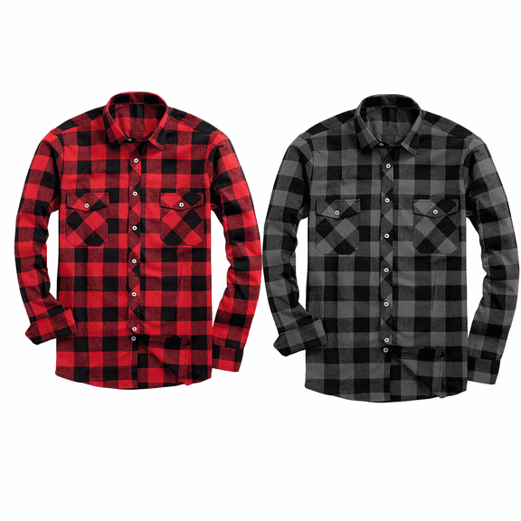 2 Pack Men Flannel Plaid Button Down Shirts, Polyester Long Sleeve Fashion Casual All Season Shirts with Chest Pockets