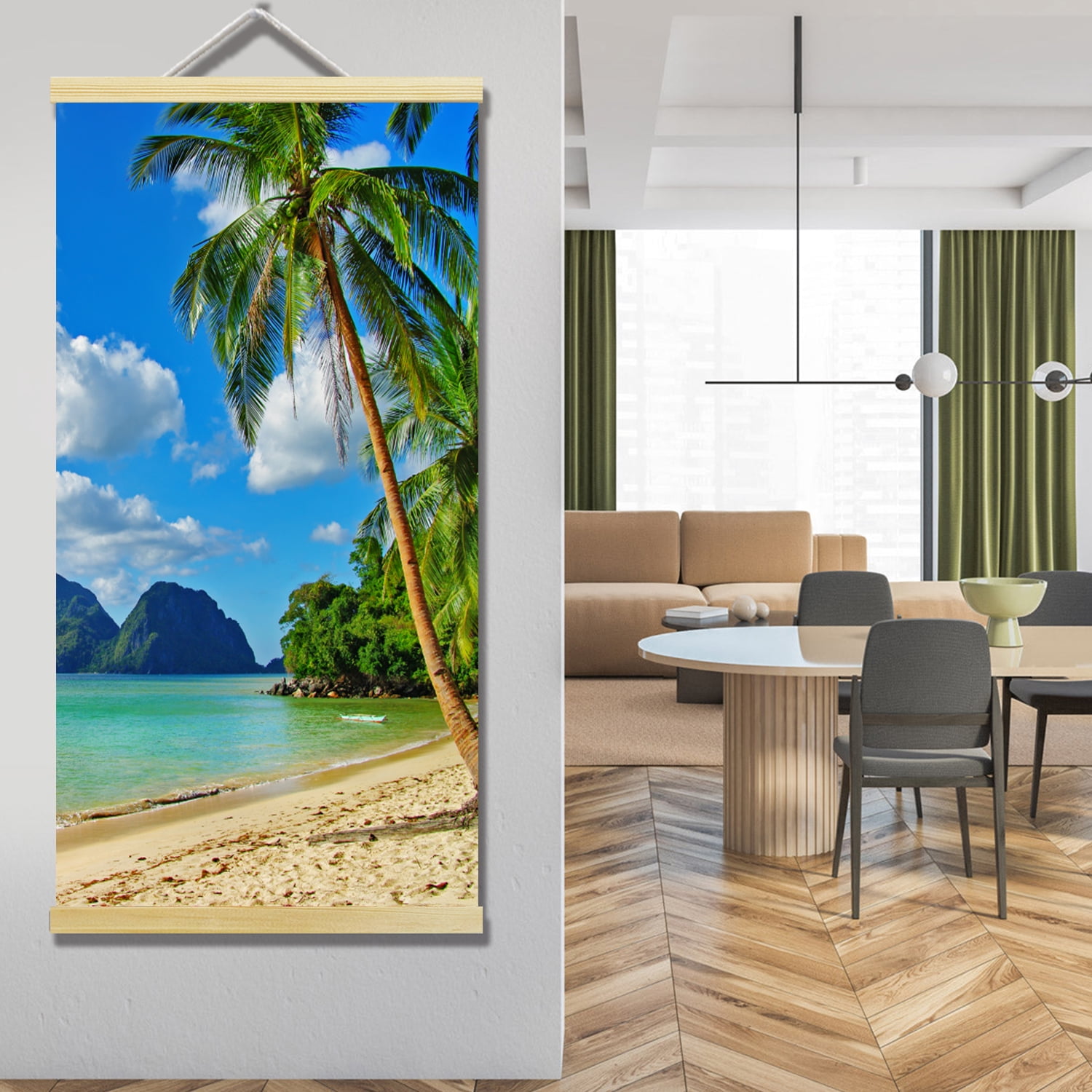 Beach Canvas Scroll Hanger Wall Art Pictures for Living Room Large Ocean Hanging Painting for Bedroom Blue Tropical Palm Tree Art Print Coastal Theme Artwork for Home Office Decoration