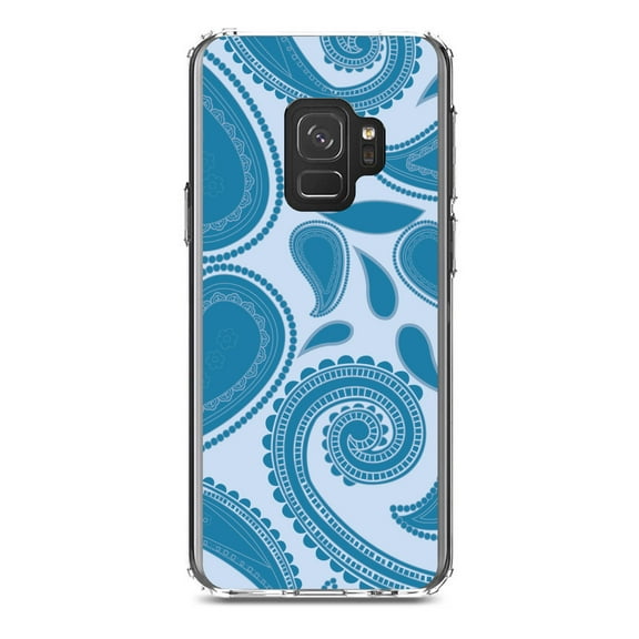 DistinctInk Clear Shockproof Hybrid Case for Samsung Galaxy S9 (5.8" Screen) - TPU Bumper, Acrylic Back, Tempered Glass Screen Protector - Big Blue Paisley
