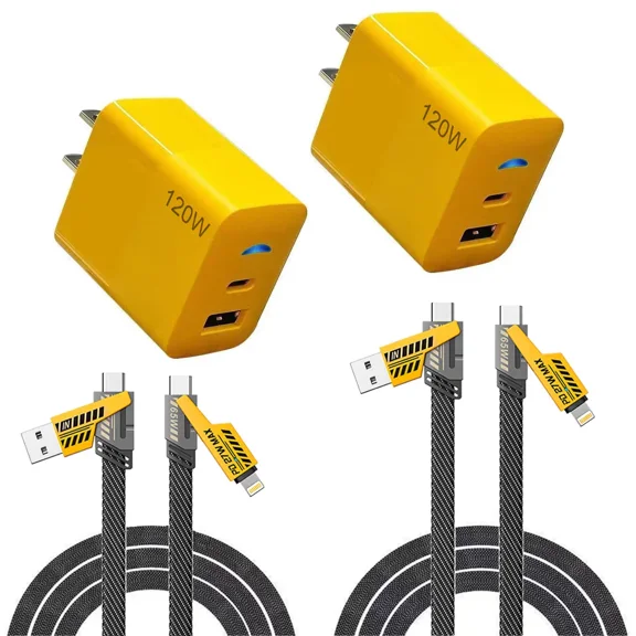 2-Pack Multiple Ports USB C/USB A Fast Charger Adapter with 4-in-1 USB C Cable 5FT Fast Charging Cord, Supports Up to 120W, Compatible with iPhone17/16/15/14/13/12/Pro Max iPad Samsung