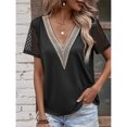 thumbnail image 3 of Blusa de encaje con cuello en V para mujer, color puro, manga corta, ajuste casual, blusa para mujer, citas, trabajo, negro, XL, 3 of 8