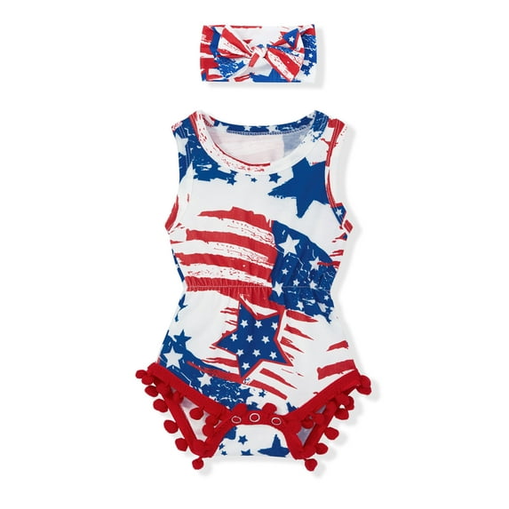 My First 4th of July Toddler Baby Girl Clothes Sling top + Hair tie 2Pcs Outfit3-6month