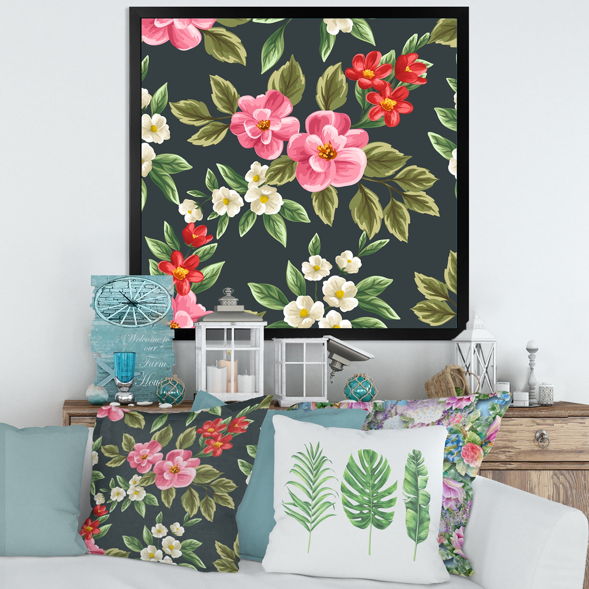 Designart 'Vintage Red and Pink Wildflowers II' Traditional Framed Art Print