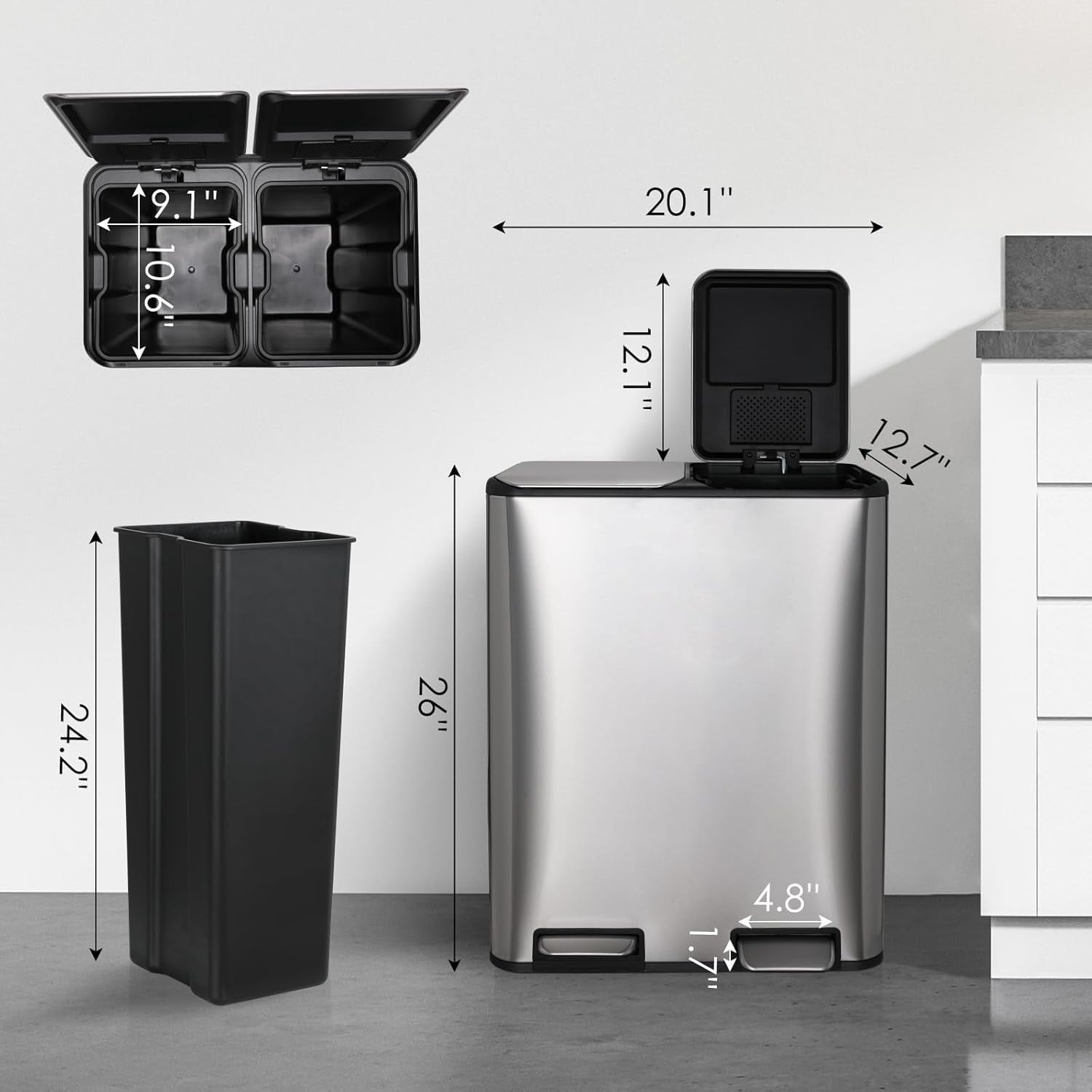 LAZY BUDDY 16 Gal Dual Kitchen Trash Can, Rectangular Stainless Steel Recycling Garbage Can with 2 Built-in Odor Control Box
