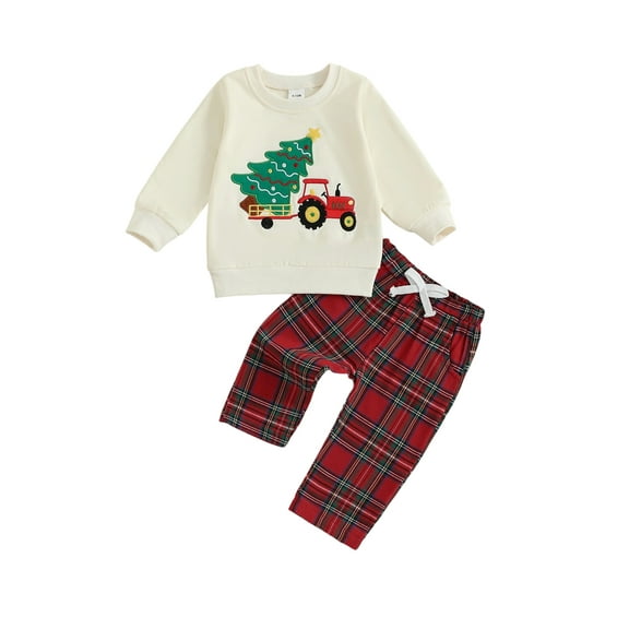 Miaouyo Toddler Baby Boy Christmas Fall Outfits 6 12 18 24 Months 2T 3T 4T Tree Embroidery Round Neck Pullover   Elastic Waist Plaid Pants Clothing Set