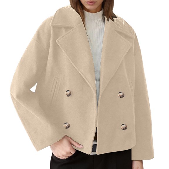 Womens Cropped Pea Coat Winter Long Sleeve Double Button Lapel Jackets Thermal Comfy Warm Loose Overcoat with Pockets