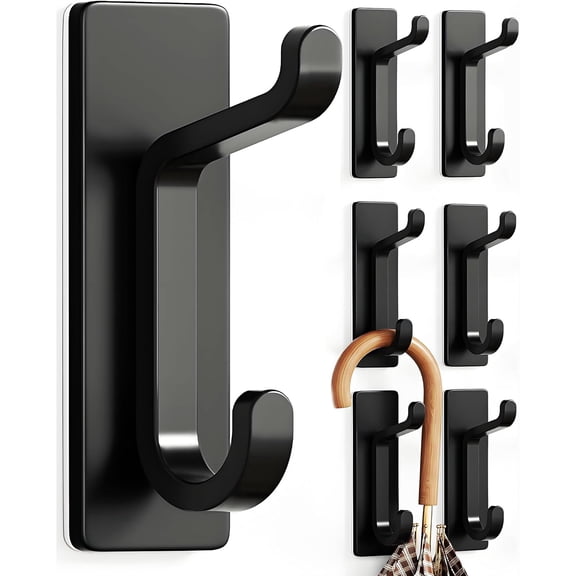 6 Pack Adhesive Wall Hooks, Heavy Duty Door Hooks, 13LB Strong Stick-On Coat & Towel Hooks, Black