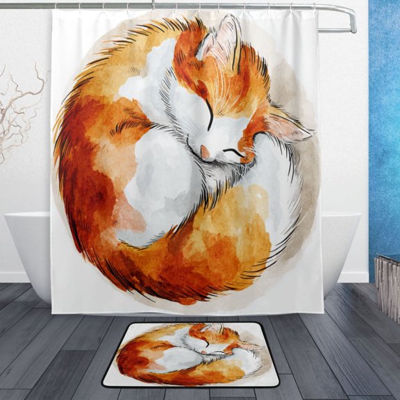 TTYFWHD 60" x 72" Shower Curtain and Bath Mat Set Cute Sleeping Orange Cat Waterproof Bathroom Curtain with 12 Hooks, Bathroom Decor Set