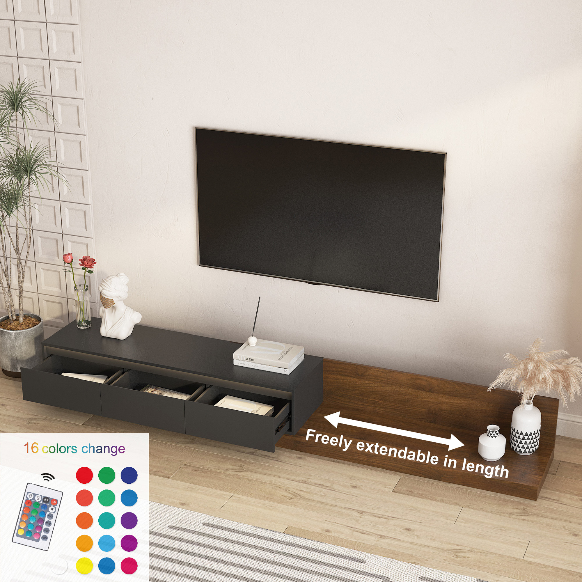 Aukfa Extendable LED TV Stand for TVs up to 75" W/16-Color Lights for Living Room & Bedroom,Black