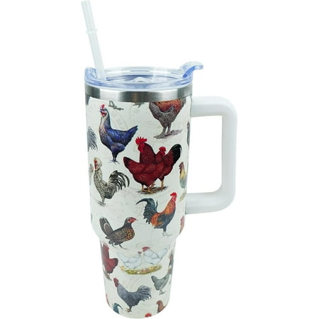 

40 oz Tumbler with Handle and Straw Lid Leak Proof Chicken and Rooster Design Coffee Travel Mug with Handle Insulated for Hot and Cold Drink Ice Christmas Birthday Gifts for Women Chicken Lovers