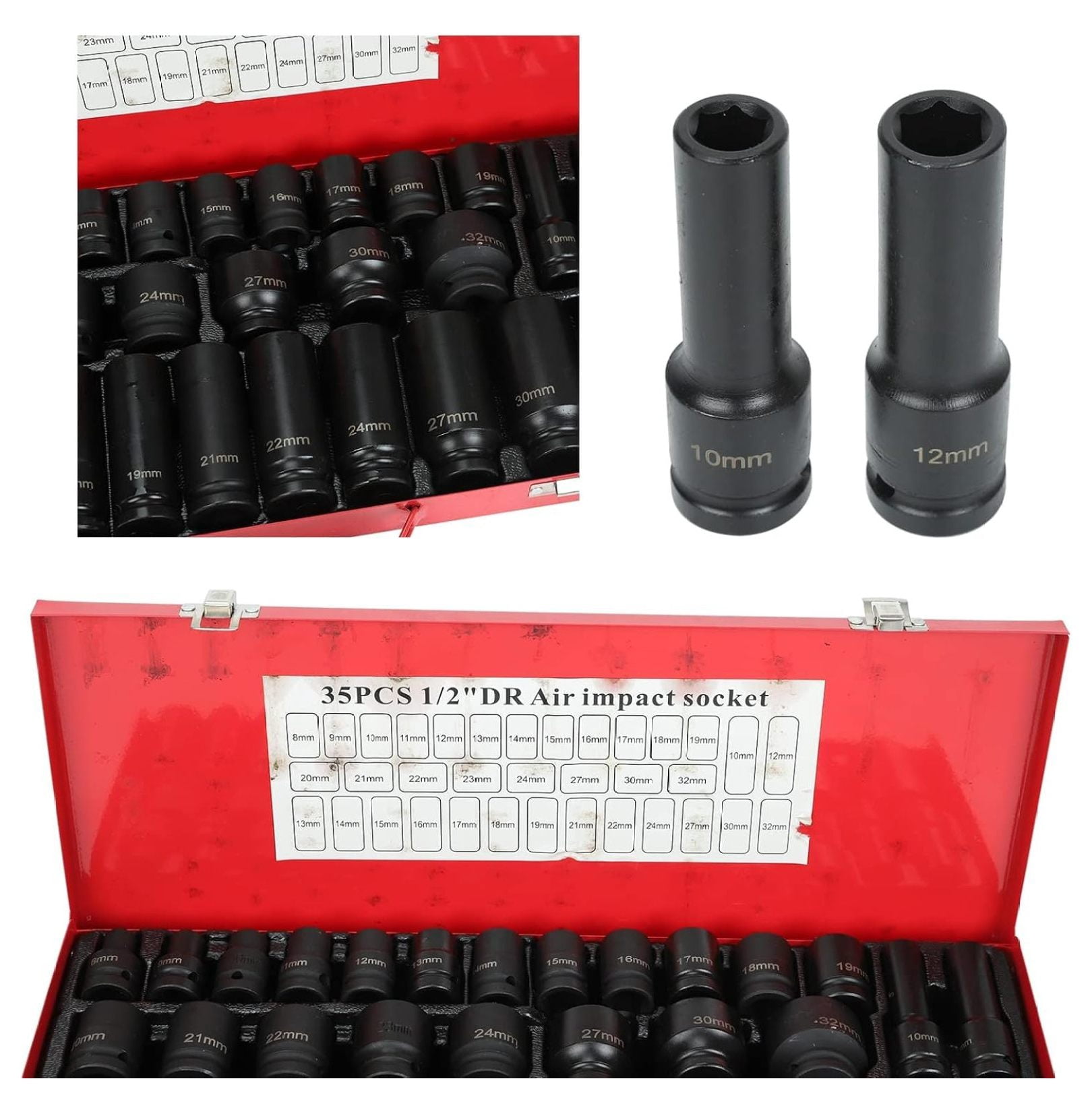 35PCS 1/2 Inch Drive Deep Impact Socket Set 6 Point Sockets Garage Workshop Tools Truck Repair Hand Tools 8-32MM