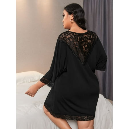

Women s Plus Lace Insert Batwing Sleeve Nightdress 4XL(20) Black Elegant F22001D
