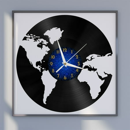 World Map 12 Inch Vinyl Record Wall Clock - Silent, Creative, and Unique Clock for Living Room, Entryway, or Bedroom Decor - Perfect Gift Idea(12 inchs B without LED)