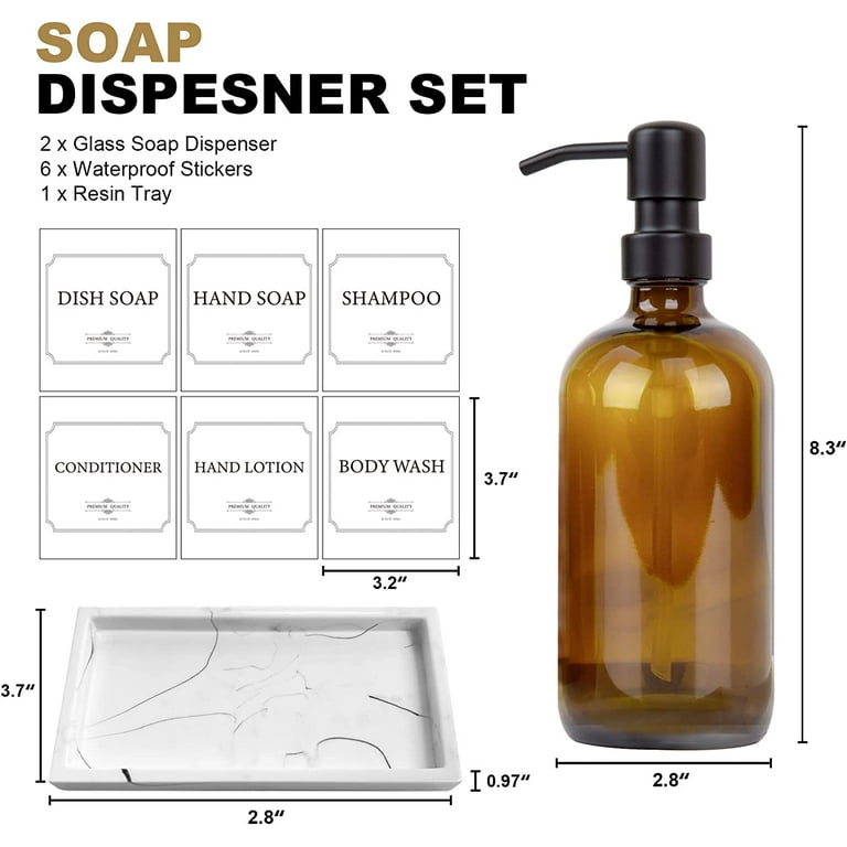 Amber Glass Soap Dispenser Tray Set