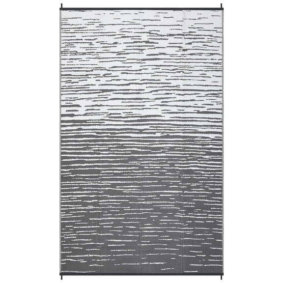 Waterproof Reversible Outdoor Patio Rug 6x9ft – Modern Striped Plastic Straw Carpet, UV Resistant, Rubberized Backing, for Backyard, Deck, RV, Camping, Porch, Picnic – Grey White – USA Spec