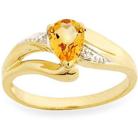 Simply Gold Gemstone 7x5mm Pear-Shaped Citrine and Diamond Accent 10kt Yellow Gold Ring, Size 7