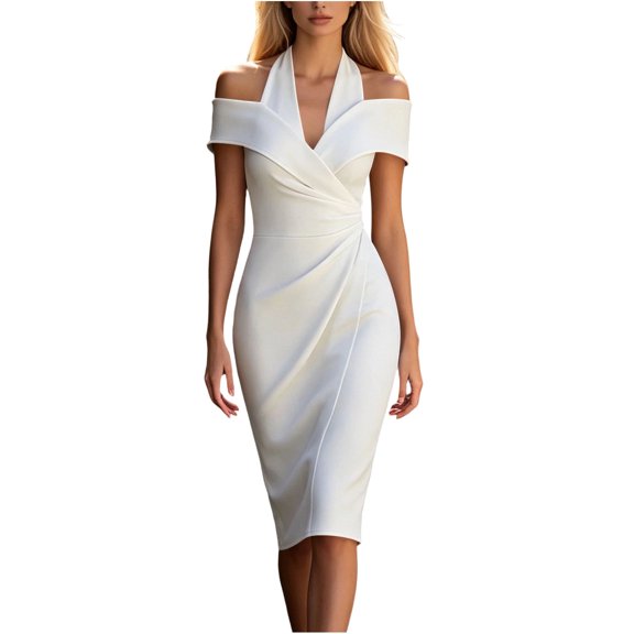 Levmjia Women's Off Shoulder Dress Cold Shoulder V Neck Bodycon Midi Dress Sexy Slim Fit Cocktail Party Pencil Dress