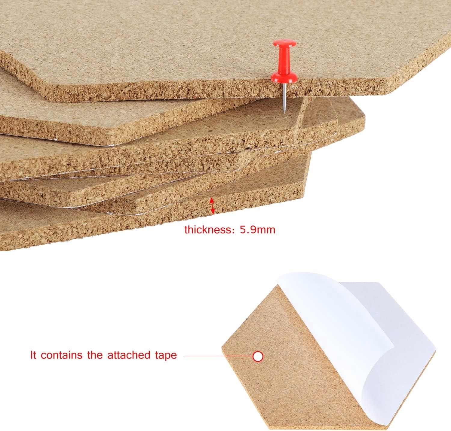 Self-Adhesive Wall Bulletin Board,6 Pack Hexagon Cork Board Tiles,DIY Notice Board,Wall Bulletin Board with 40 Push Pins, Application Message Board for DIY, Pictures Hanging, Office Home Decoration