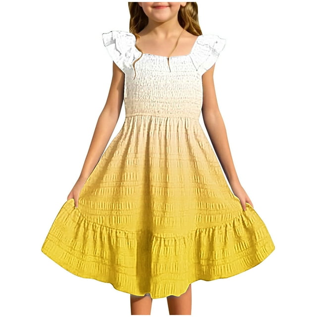 Yanlir Robe d'Été pour Filles Couleur Unie Manches Courtes Col Rond Ceinture Élastique avec Poches Robe Décontractée Confortable en Mélange de Coton pour Enfants (Jaune, 5-6 Ans)