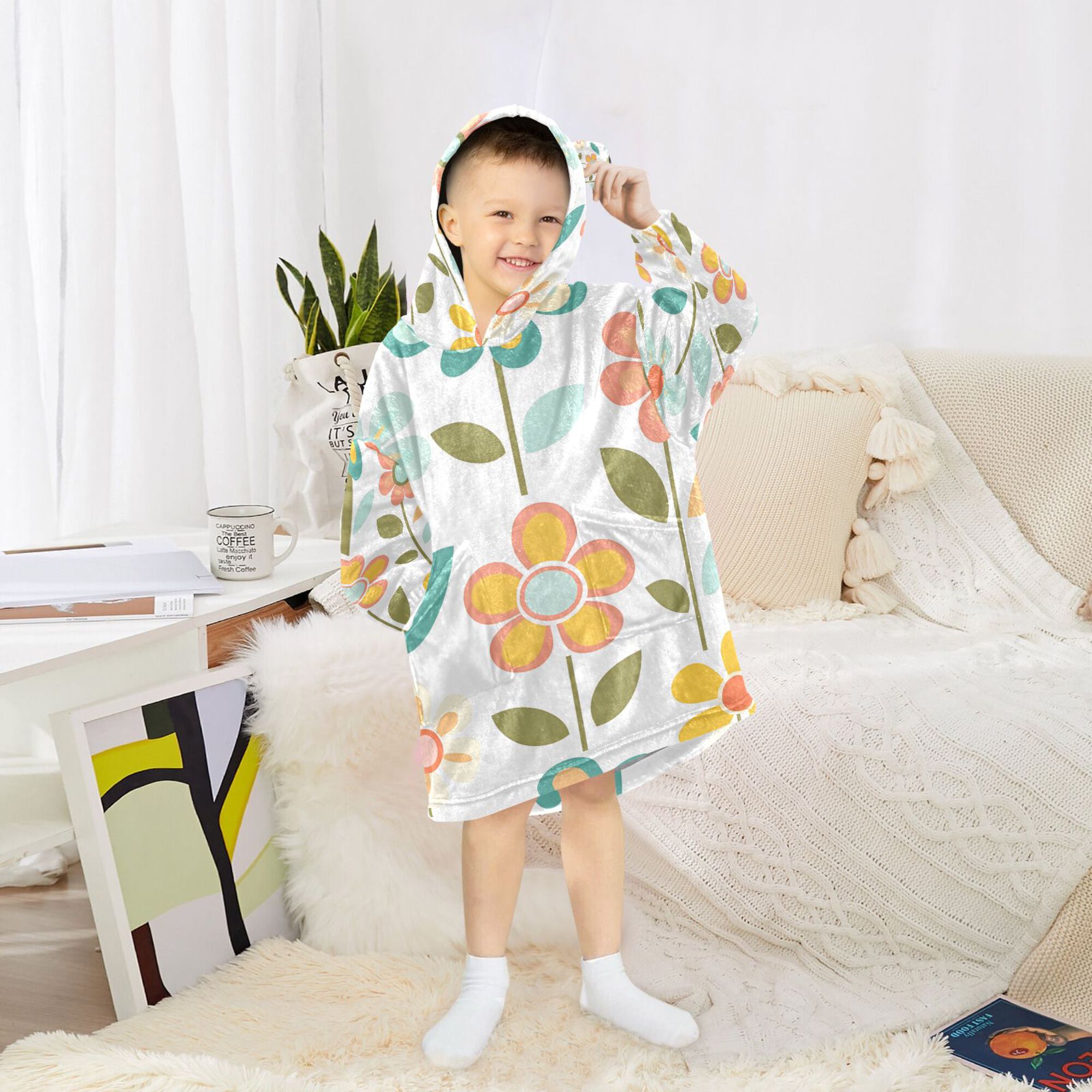 FORMRS Wearable Blanket Hoodie with Sleeves for Kids Cozy Flannel Sweatshirt, Orange Retro Flower