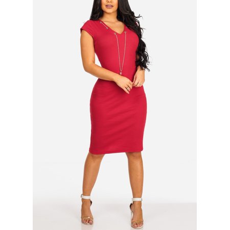 midi bodycon clubwear stretchy neckline knee cocktail pencil slim solid length sleeve short sexy dress