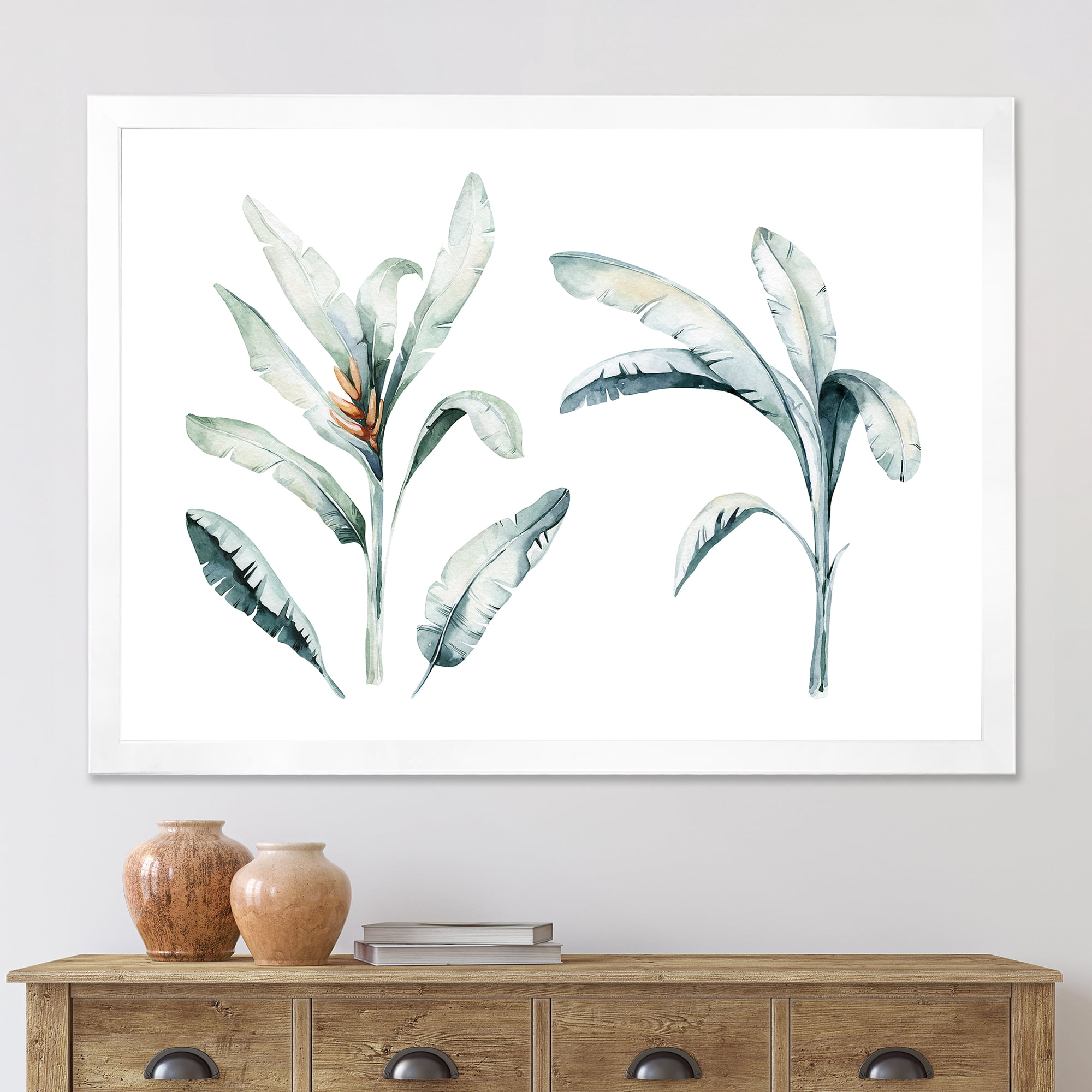 Designart 'Tropical Jungle Leaves On White' Bohemian & Eclectic Framed Art Print