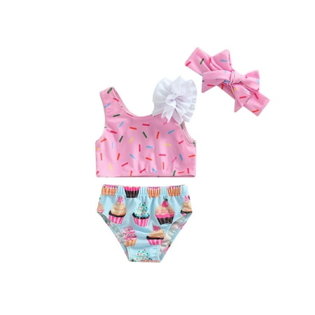 

CenturyX 0-24m Baby Girls 3pcs Swimsuit Sleeveless Dot Cup Cake Print Tops Summer Beach + Shorts Headband Pink 9-12 Months