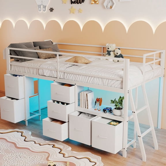 Anyhave Twin Low Loft Bed with Storage Drawers and Bookcase, 14" Guardrail, Inclined Ladder, LED Lights, Under-Bed Play Space, Steel Frame, White