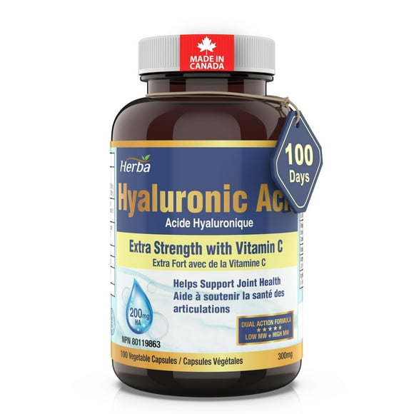 Herba Hyaluronic Acid Supplement 300mg - 100 Vegetable Capsules | Hyaluronic Acid Capsules with Vitamin C to Support Joint and Bone Health | Made in Canada