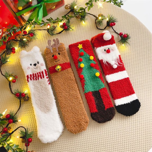 4 Pairs Christmas Fuzzy Socks for Women and Ladies Warm Cozy Socks Cute Winter Slipper Socks Thick Plush Bed Socks Christmas Socks
