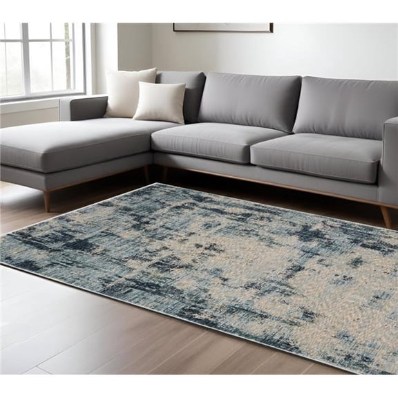 HomeRoots 574762 10 x 13 ft. Abstract Distressed Rectangle Area Rug with Fringe, Beige & Blue