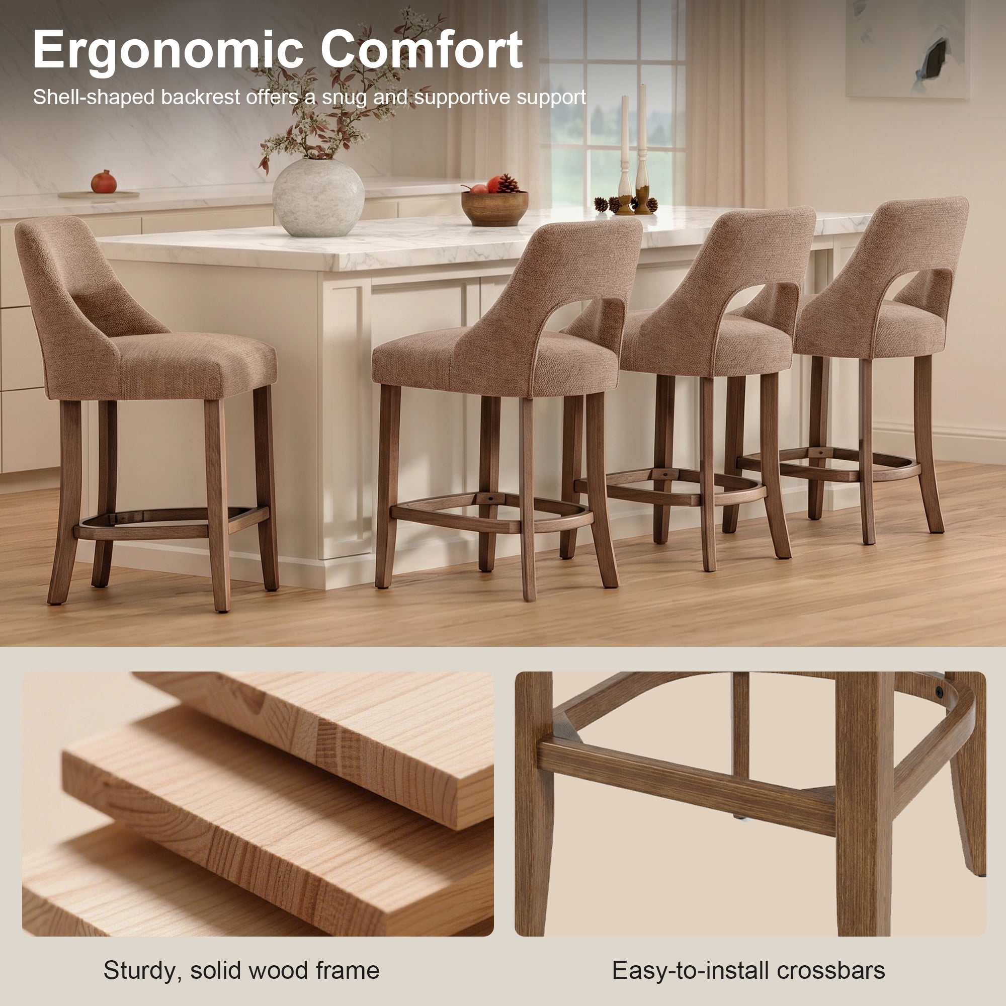 PORKISS 26" Bar Stools Set of 2, Upholstered Kitchen Island Stools with Hollow Back, Mid-Century Counter Stools with Wood Legs Footrest, Khaki