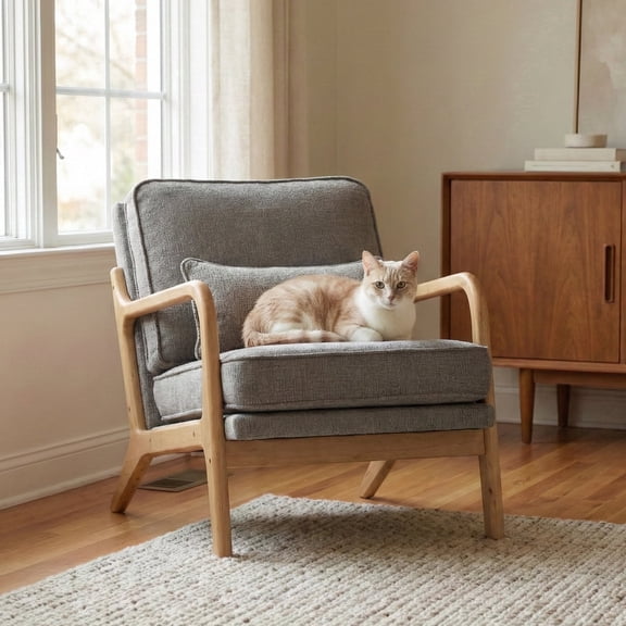 EOP Mid-Century Modern Accent Armchair with Solid Wood Frame, Removable Soft Cushion & Lumbar Pillow, Upholstered Reading Leisure Chair for Living Room Bedroom Balcony Waiting Room, Gray