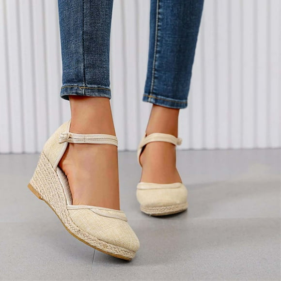 WIZUTIZ Wedge Sandals for Women Sandals Women Stretchy Trendy Comfortable Beach Sandals Pull-On Round Toe Shoes Mid Heel (2"-3") Wide Solid Sandals Daily Clearance Items Beige