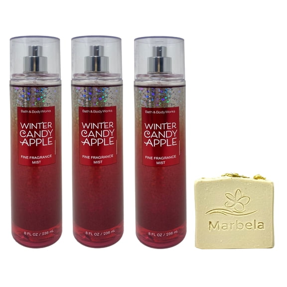 Bath & Body Works Winter Candy Apple Fragrance Mist 3 Pack with a Marbela Wild Jasmine Bar Soap.