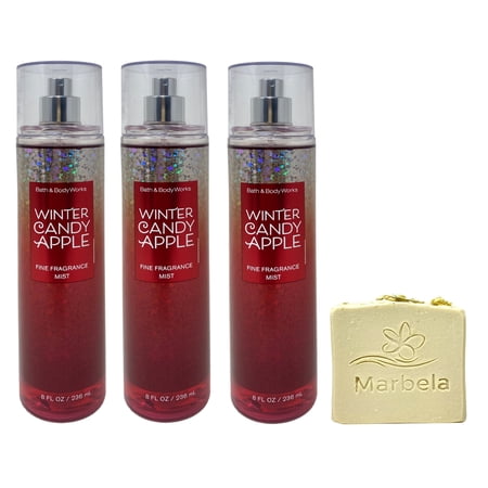 Bath & Body Works Winter Candy Apple Fragrance Mist 3 Pack with a Marbela Wild Jasmine Bar Soap.