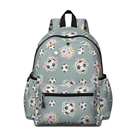 Football and Flower Slateblue Pattern Cute School Backpack with Padded Back and Adjustable Shoulder Straps 13.4"x11"x4.7"