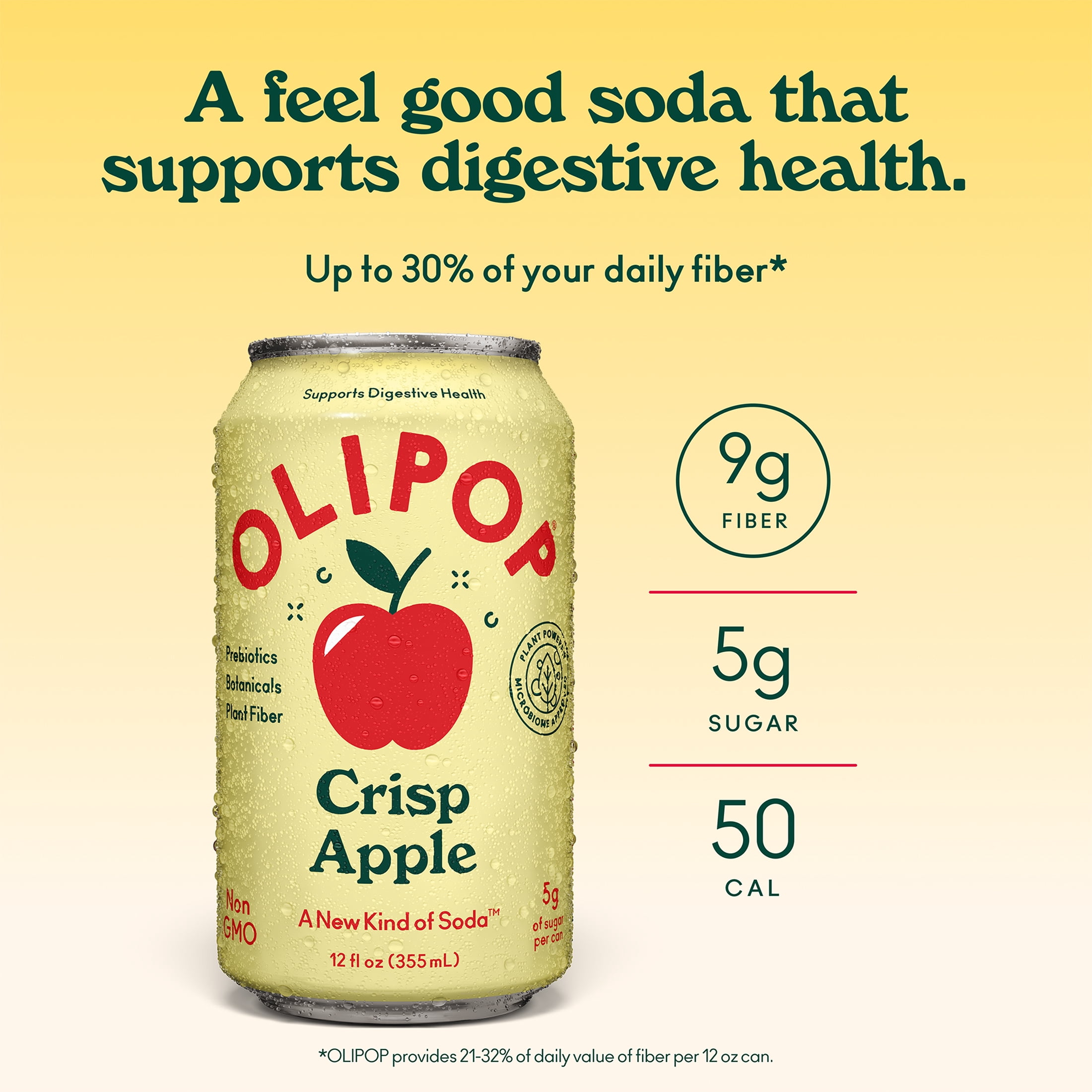 OLIPOP 9g Fiber Prebiotic Soda, Crisp Apple, 12 fl oz, Single, Refrigerated