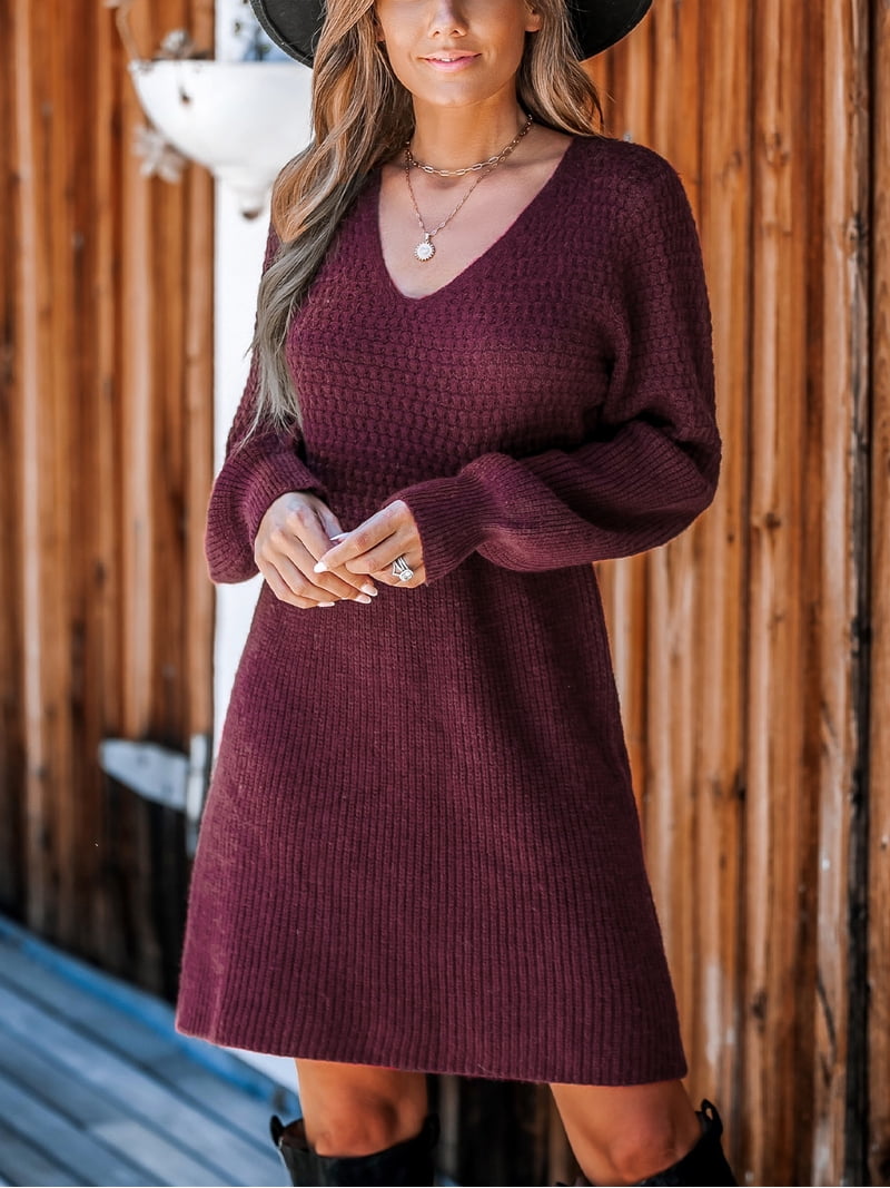burgundy v neck sweater dress Ribbed V-neck Wrap Midi Sweater Dress