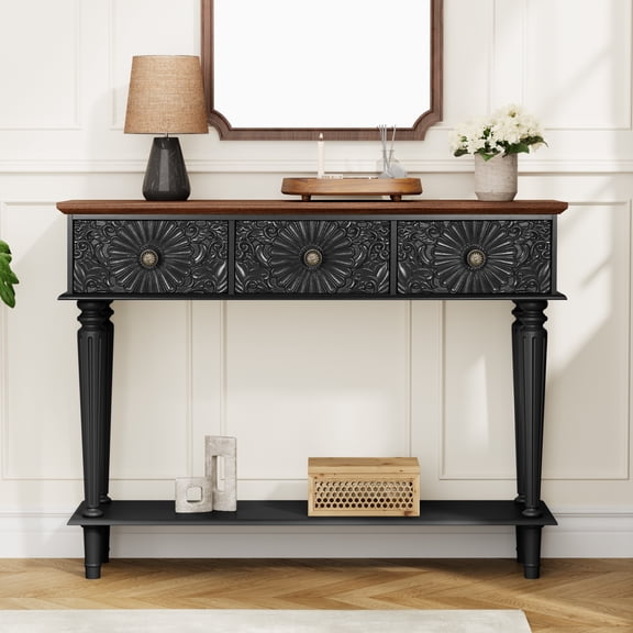 Onespruce Black 42" Console Table, 3 Embossed Drawers Vintage Entryway Table with Storage Shelf
