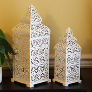 Temple Moroccan Style Lantern Decorative Candle Holder for Home Decor, White, Set of 2