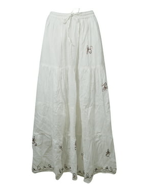 Mogul Women Cotton White Maxi Skirt A-Line Flare Gypsy Hippie Chic Long Skirts