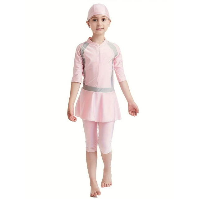 Girls Modest Bathing Suit, Color Block 1PC Jumpsuit Swimwear + Skirt Set Beachwear With Swimming Cap 3pcs Conservative Swimsuit Set